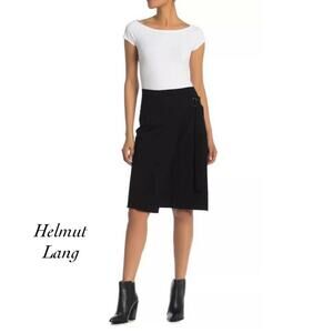 Helmut Lang Black Compact Merino Wool Blend Belted Wrap Skirt NWT Size XS